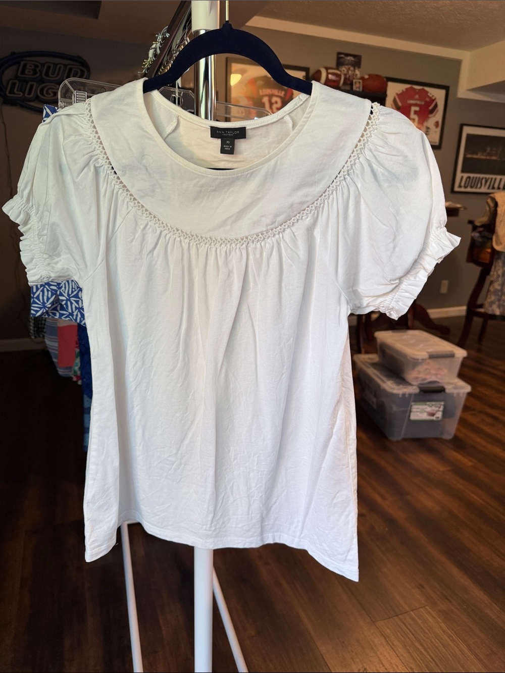 LOFT White Cotton Crochet Yoke Puff Sleeve Tee